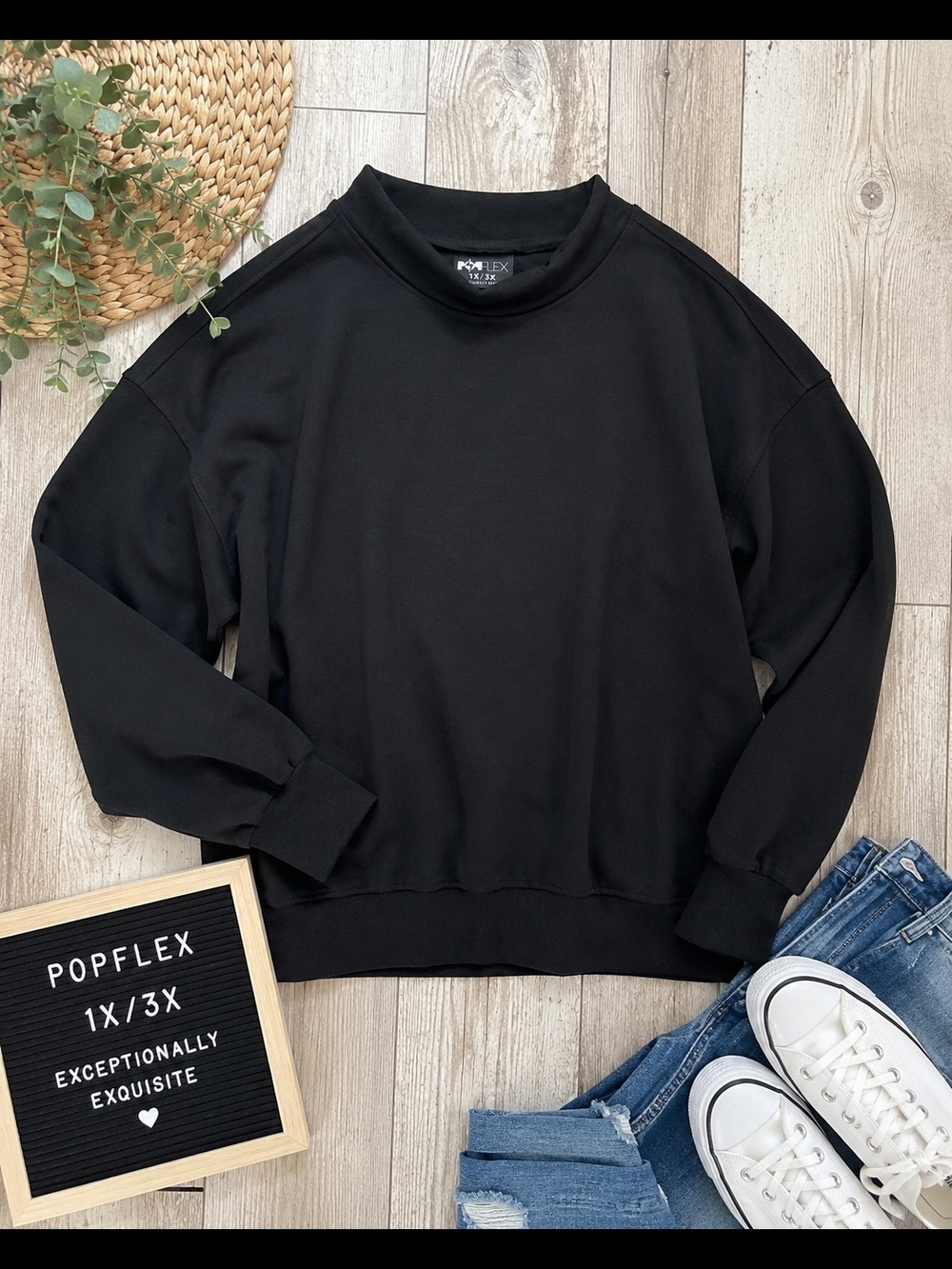 POPFLEX Ooey Gooey Mockneck Sweatshirt Black 1X/3X Oversized Cozy Pullover